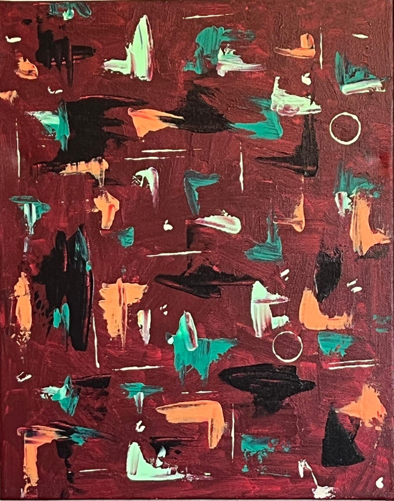 May include: An abstract painting on canvas featuring a deep maroon background with textured brushstrokes in shades of teal, light mint green, and peach. The composition includes scattered black paint marks and two thin, white circular outlines.