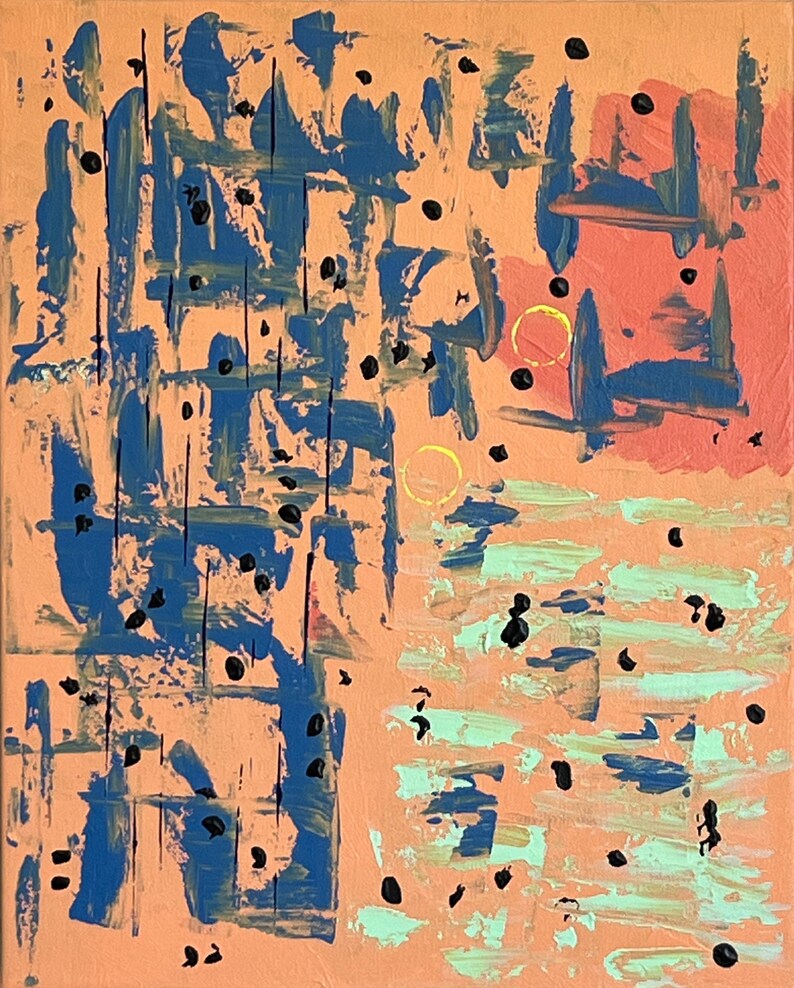 May include: An abstract painting on canvas featuring a peach-coloured background with vertical blue brushstrokes, horizontal mint green patches, a coral-toned section, small black dots scattered throughout, and two thin yellow circular outlines.