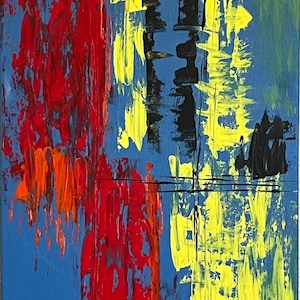 May include: An abstract painting on canvas featuring a blue background with thick, textured vertical strokes of red, orange, yellow, and black paint. The composition includes thin horizontal black lines crossing the center, creating a layered effect.