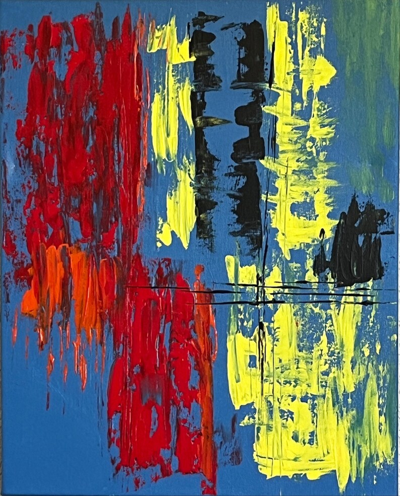 May include: An abstract painting on canvas featuring a blue background with thick, textured vertical strokes of red, orange, yellow, and black paint. The composition includes thin horizontal black lines crossing the center, creating a layered effect.