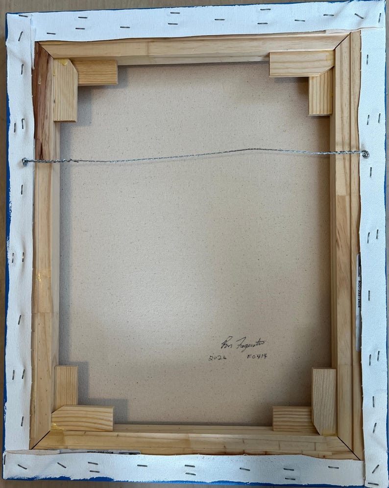 May include: The back of a rectangular canvas painting stretched over a light-colored wooden frame. The canvas is secured with metal staples along the edges. A thin metal hanging wire is attached to the top wooden bars. Handwritten text reads 2024 F0414.