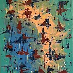 May include: An abstract painting on canvas featuring a teal background with scattered brushstrokes in dark blue, deep red, and peach. The composition includes thin vertical yellow lines, small black dots, and a single white crescent shape.