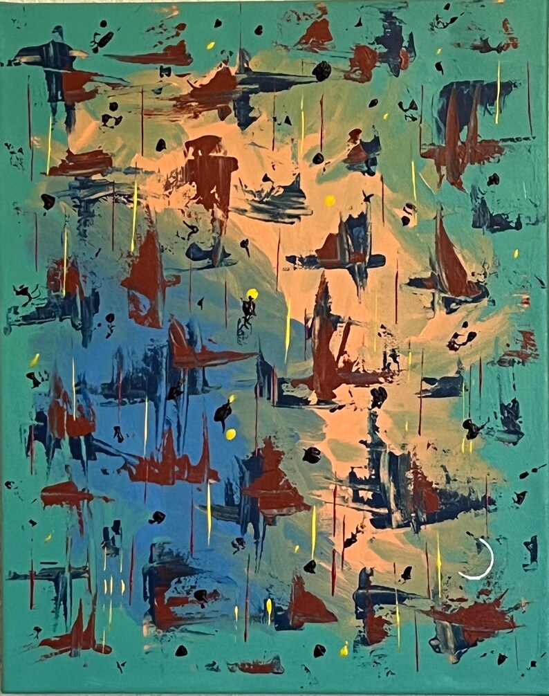 May include: An abstract painting on canvas featuring a teal background with scattered brushstrokes in dark blue, deep red, and peach. The composition includes thin vertical yellow lines, small black dots, and a single white crescent shape.