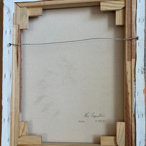 May include: The back of a rectangular canvas painting stretched over a light-coloured wooden frame. The canvas is secured with metal staples along the edges. A thin metal hanging wire is attached to the frame. A signature, the year 2026, and F0423 are written on the canvas.