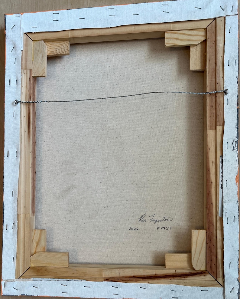 May include: The back of a rectangular canvas painting stretched over a light-coloured wooden frame. The canvas is secured with metal staples along the edges. A thin metal hanging wire is attached to the frame. A signature, the year 2026, and F0423 are written on the canvas.