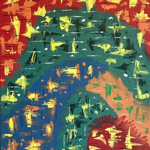Puede incluir: Una pintura abstracta con un fondo rojo vibrante y una forma central en arco de color verde oscuro y azul. La composici&oacute;n est&aacute; superpuesta con pinceladas gruesas y texturizadas en amarillo brillante, naranja y blanco, creando contraste.