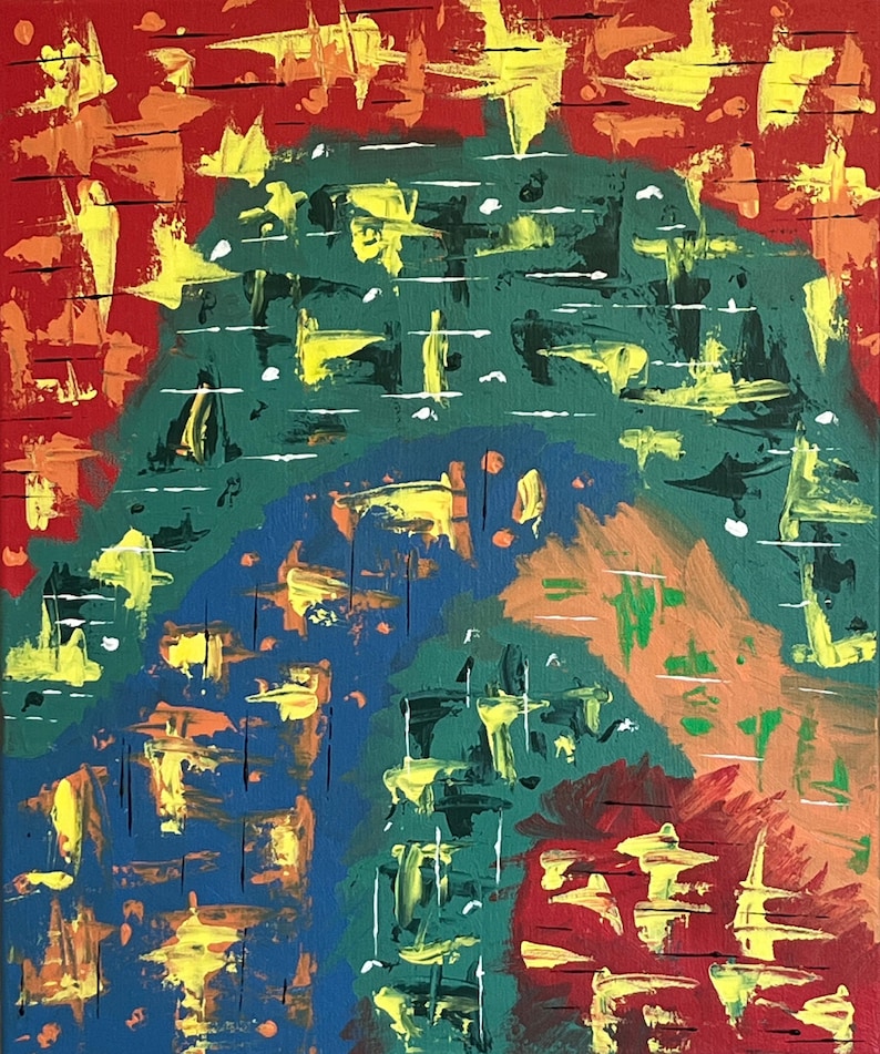 Puede incluir: Una pintura abstracta con un fondo rojo vibrante y una forma central en arco de color verde oscuro y azul. La composici&oacute;n est&aacute; superpuesta con pinceladas gruesas y texturizadas en amarillo brillante, naranja y blanco, creando contraste.