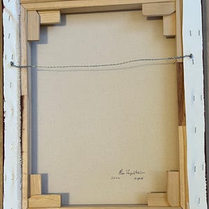 May include: The back of a rectangular canvas painting stretched over a light-colored wooden frame. The canvas is secured with metal staples along the edges. A thin metal hanging wire is attached to the frame. The signature Ron Fagerstrom, 2026, F0318 is visible.