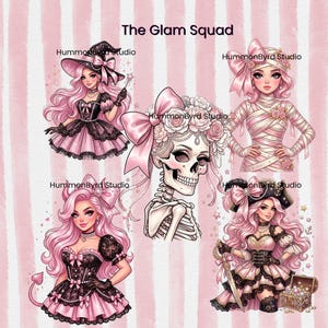 Könnte beinhalten: Eine digitale Illustration mit dem Titel The Glam Squad, die fünf Charaktere mit rosa Haaren zeigt: eine Hexe, eine Mumie, ein Skelett mit Blumen-Schleife, einen Teufel und einen Piraten. Jeder Charakter trägt rosa-schwarze Kleidung mit Schleifen und Spitze.
