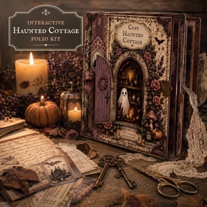 Peut inclure: Un kit folio interactif de cottage hanté avec une couverture style livre, une porte violette, une illustration de fantôme et des motifs floraux. Le texte indique Cozy Haunted Cottage et Witch Magic Awaits Inside. Inclut des clés et ciseaux vintage.