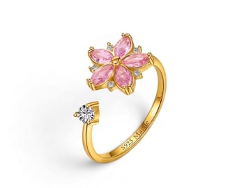 18K Gold Plated 925 Sterling Silver Adjustable Spinning Anti-Stress Ring with Pink Rose Flower – Minimalist Floral Design
