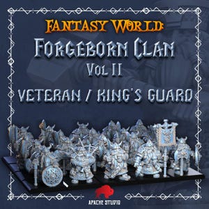 Könnte beinhalten: Eine Sammlung von Miniatur-Fantasy-Figuren, dem Forgeborn Clan, Vol II, Veteran / Königsgarde. Die Figuren sind hellblau und grau, mit detaillierter Rüstung und Waffen. Das Bild enthält den Text "Fantasy World" und "Apache Studio."