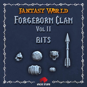 Op de afbeelding: Een verzameling miniatuur fantasy-spelonderdelen, waaronder een helm, een steen met een symbool, een berenkop, een vat, een kleine cilinder en een pijl. De tekst "Fantasy World: Forgeborn Clan Vol II Bits" is zichtbaar.