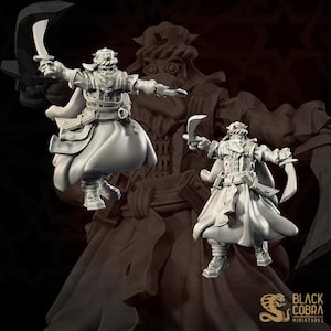 Puede incluir: Dos figuras en miniatura de un guerrero en una pose dinámica, empuñando cuchillas curvas. Las figuras están vestidas con una armadura detallada y túnicas fluidas, con una capa y un tocado. Las figuras son de color gris claro. El logotipo de Black Cobra Miniatures está en la parte inferior derecha.