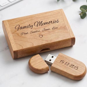 Personalized Wooden USB with Box Custom Logo, Name & Date Photo Storage Keepsake for Weddings, Gifts Branding Photographers Custom Engraved