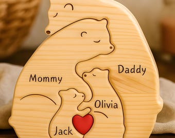 Personalized Wooden Bear Family Puzzle | Custom Name Engraved Gift | Family Keepsake | Anniversary Gift | Rustic Home & Nursery Decor