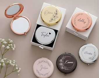 Personalized Compact makeup Mirror | Custom Name Engraved Bridesmaid Gifts | Wedding Favour | Thank You Gift | Christmas Purse Mirror Gift