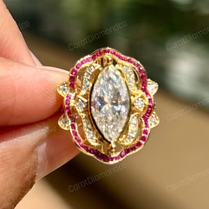 Rosa Rubin Halo Diamantring, einzigartiger 12 x 6 MM Moissanit-Jubiläumsring, Lünette gesetzter moderner Ring, 18k Gold Vintage Art-Deco-Ring