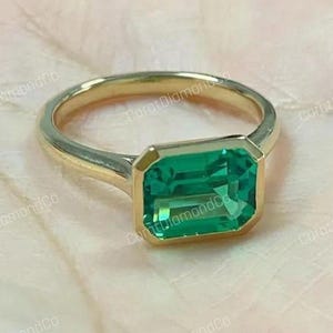 Delicado anillo de 3,10 quilates con corte esmeralda verde y engaste en bisel, solitario de corte esmeralda con engaste este-oeste, anillo de plata esterlina, anillo de compromiso nupcial, regalo de boda