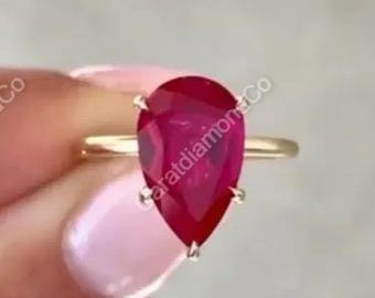 Ruby Engagement Ring, 12x8MM Ruby Teardrop Pear Solitaire Ring, Unique Pink Ruby Gemstone Ring, Diamond Hidden Halo Ring, July Birthstone