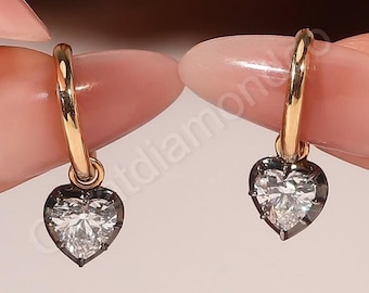 Huggie Hoop Earrings 2 TCW Heart Moissanite Set In Georgian Style Cut Down Setting Blackened White Gold & Yellow Gold Georgian Look Earring