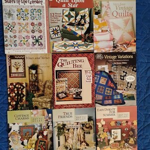 May include: A collection of 10 quilting pattern books with various titles, including "Stars in the Garden", "Quilt Upon a Star", "Very Easy Vintage Quilts", "Vines and Verses", "The Quilting Bee", "Vintage Variations", "Cottage Charms", "True Friends", "Easy Does It for Summer", and "Art to Heart".
