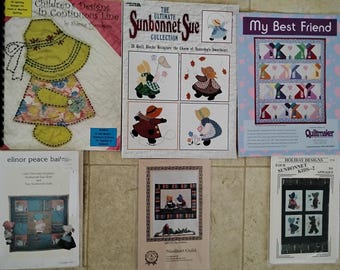 Six Sunbonnet Sue and Overall Sam quilt, redwork embroidery and doll pattern bundle