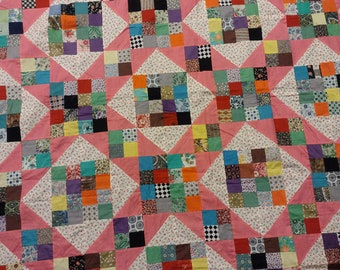 Scrappy star quilt top 90" x 78 Ohio Star/Underground Railroad combo Cotton floral, geometric and solid fabrics 2" blocks unwashed 1950-1963