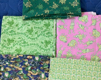 5 Frog fabrics & quilt pattern 34" - 2yd. pieces Frogs on lily pads, Frogs in squares, frogs on green back, Frogs w poem, frogs pink back