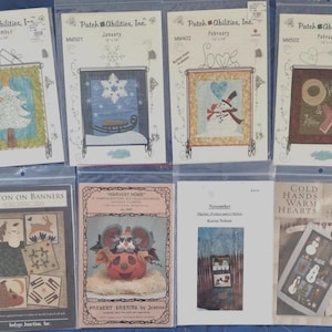 8 autumn winter quilt wall size patterns  Halloween-Valentine's, Xmas tree, snowflake sled, kissing couple, XO harvest & pumpkin sculpture