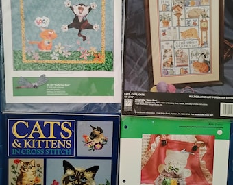 Cat quilt patterns and counted cross stitch kit and book designs bundle