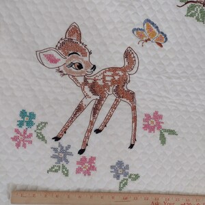 Bambi quilt hand cross stitched from Paragon kit 1970s 35 x 45 Bambi, The Owl, Flower & Thumper Very good condition quilt or wall hanging image 2
