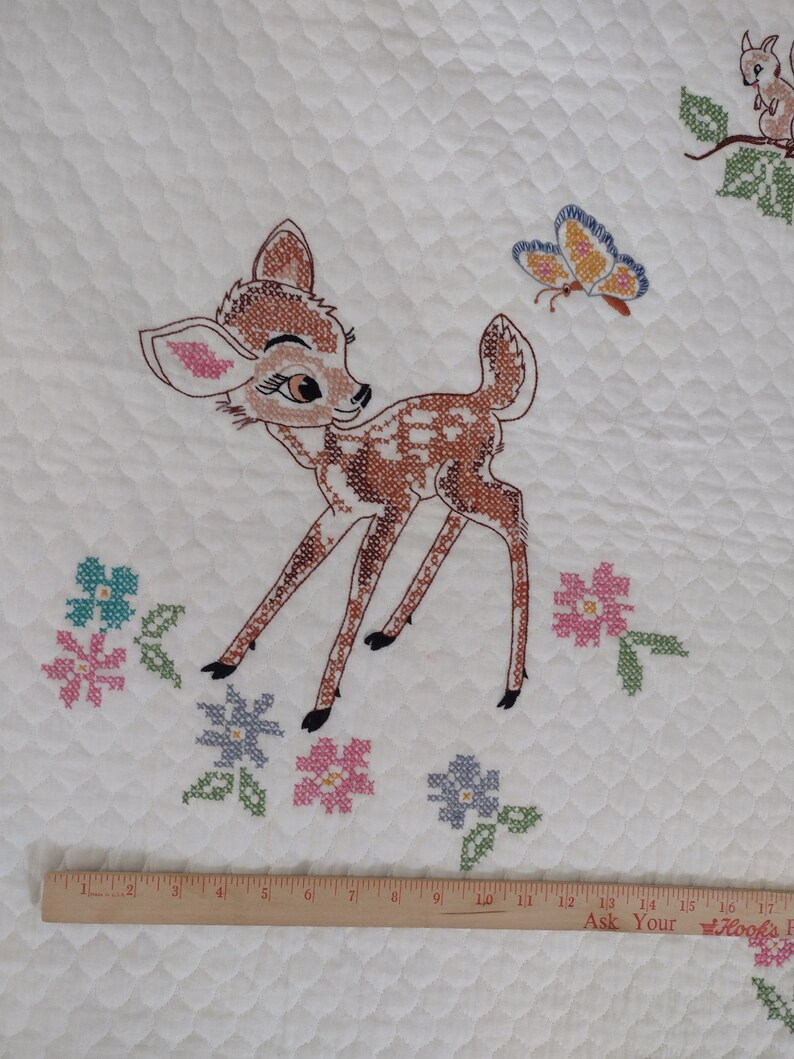 Bambi quilt hand cross stitched from Paragon kit 1970s 35 x 45 Bambi, The Owl, Flower & Thumper Very good condition quilt or wall hanging image 2