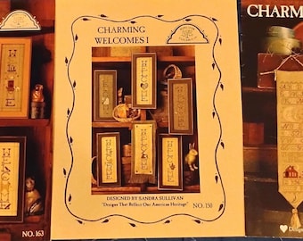 Charming two welcome and one bell pull counted cross stitch leaflets by Sandra Sullivan