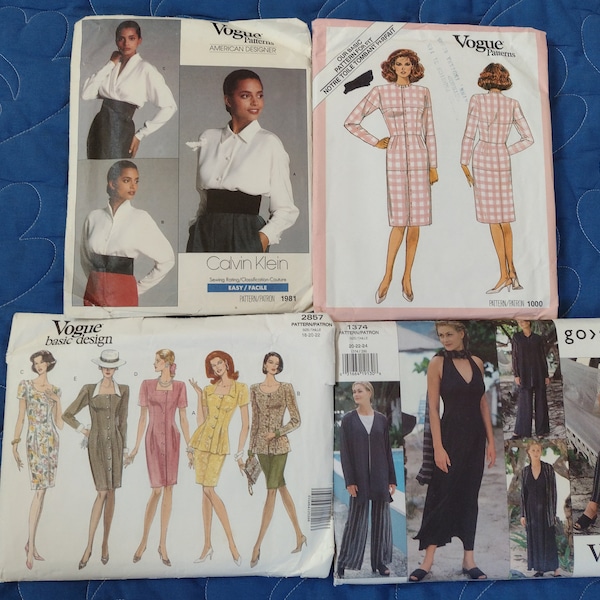 Vogue patterns four Misses patterns: blouses, Fitting Shell, Basic Design dress, Go Silk Jacket, vest, dress shirt, top pant scarf complete