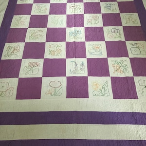 Vintage floral quilt 94 x 69&quot; hand embroidered and quilted block patterns by Ruby Short McKim multiple white & purple borders cotton 1940s