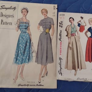 Simplicity patterns 1950s  Designer&#39;s Pattern 8261 one piece dress size 14 Bust 36 & 3159 blouse jacket cummerbund skirt  12 Bust 30 uncut