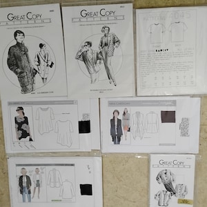 May include: A collection of vintage sewing patterns from Great Copy Patterns. The patterns feature illustrations of coats, jackets, and tops. The patterns are in plastic sleeves and include various sizes and styles.