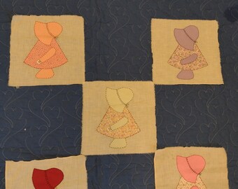 Five Sunbonnet Sue blocks 12" x 12 color coordinated cotton Sues on muslin Hand pieced & running stitch appliqued Minor stain on one 1930s