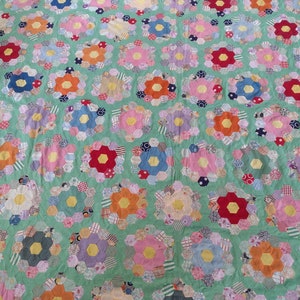Scrap Grandmother's Flower Garden quilt top 72 x 90 Hand stitched 7.5 diameter 1.5 hexes scalloped lengths half gardens top bottom 1930s image 10