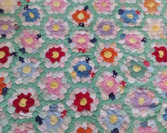 Scrap Grandmother's Flower Garden quilt top 72" x 90" Hand stitched 7.5" diameter 1.5" hexes scalloped lengths half gardens top bottom 1930s