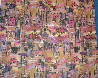 Fabric Old European city street scene 3.83 yds. x 59" not including selvage 18.5" H 17.5 V repeat poly fashion fabric off bolt condition 80s