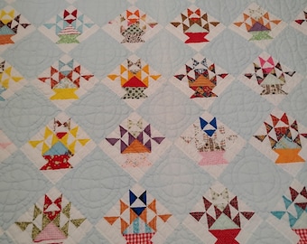 1950's scrappy basket quilt on point with alternating compass blocks 85" x 72" hand quilted