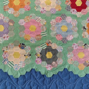 Scrap Grandmother's Flower Garden quilt top 72 x 90 Hand stitched 7.5 diameter 1.5 hexes scalloped lengths half gardens top bottom 1930s image 8