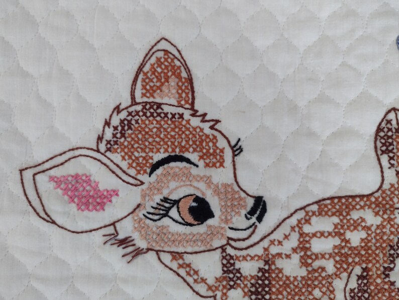 Bambi quilt hand cross stitched from Paragon kit 1970s 35 x 45 Bambi, The Owl, Flower & Thumper Very good condition quilt or wall hanging image 3