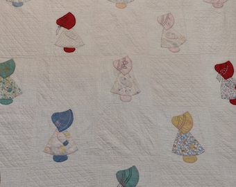 Sunbonnet Sue quilt 80 x 63" hand pieced, appliqued, embroidered  quilted Scrap cotton fabrics no repeats Black embroidery binding new 1930s