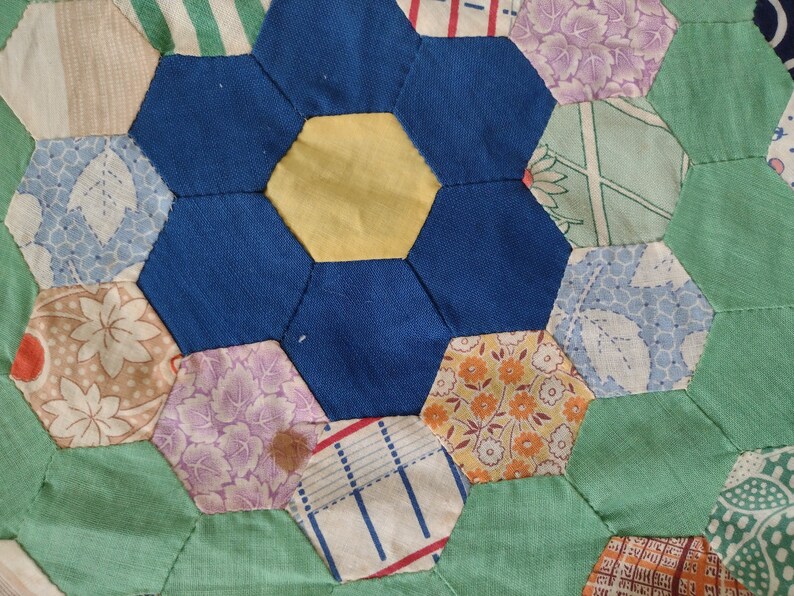 Scrap Grandmother's Flower Garden quilt top 72 x 90 Hand stitched 7.5 diameter 1.5 hexes scalloped lengths half gardens top bottom 1930s image 6