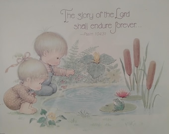 Two children's biblical framed prints Psalm 23:2 children w. lamb Psalm 104 31 Children at pond by Homco DBGCI Resin scrolled frames 1960s