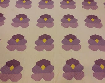Vintage floral quilt: purple shades and yellow diamonds hand pieced quilted 80" x 75" 1940s