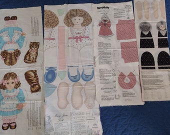 Three doll fabric panels and one Victorian dresses panel Jennifer & Catnip VIP, Mary Jane Daisy Kingdom, Two outfits and Granny VIP 1990s